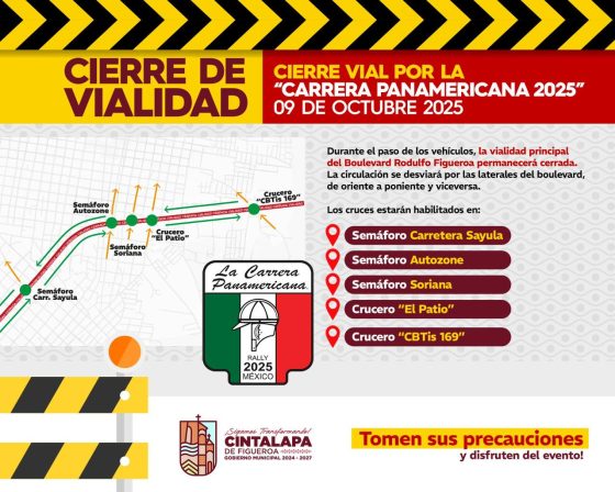 Cierre de vialidad por la “Carrera Panamericana 2025” 09 de octubre 2025