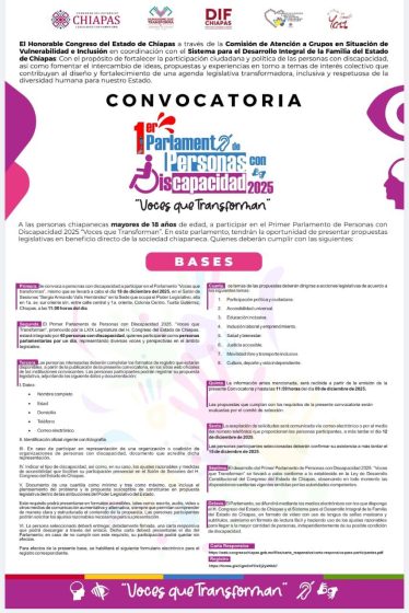 Convocatoria del 1er. Parlamento de Personas con Discapacidad 2025, “Voces que Transforman”