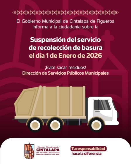 Suspensión del servicio de recolección de basura el día 1 de Enero del 2026.